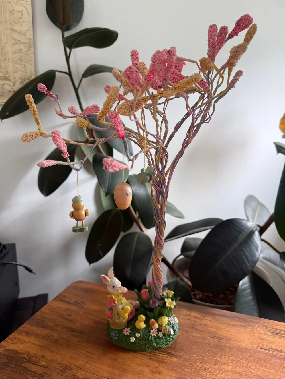 Vintage Pink Easter Floral Tree Accent with Bunny Base